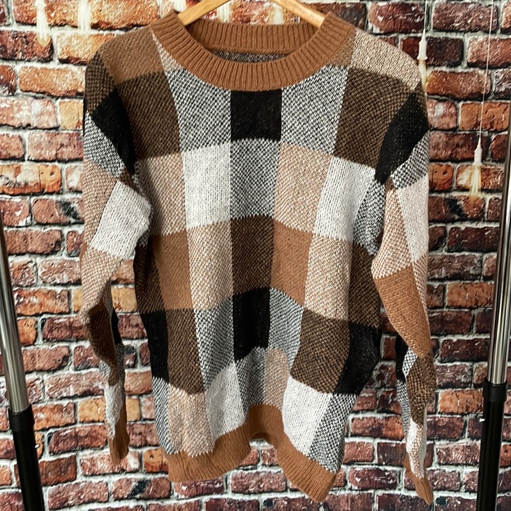 Shein men brown tan black sweater medium square pattern crewneck by Colorblock